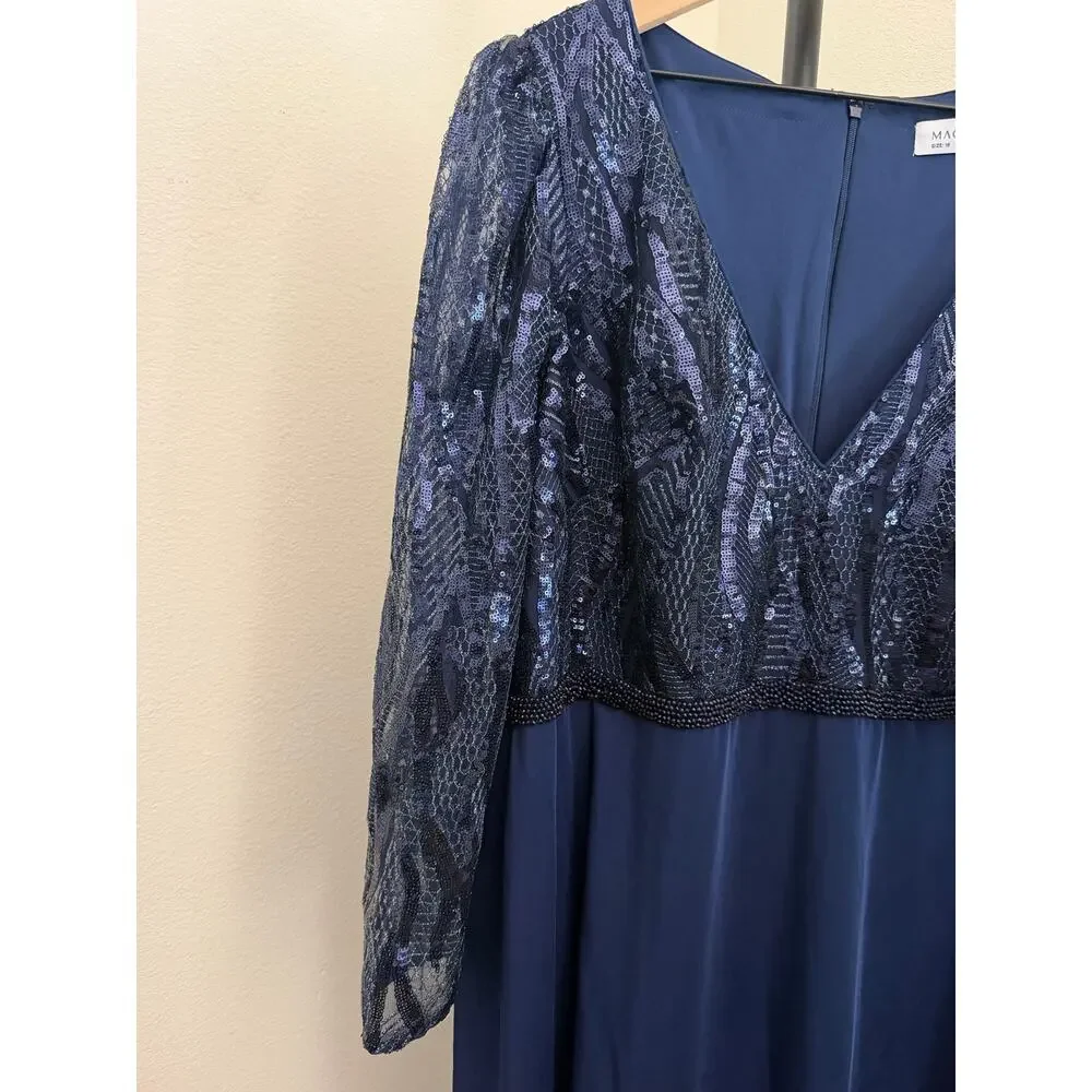 Mac Duggal Navy Embellished Long Sleeve Wrap Over Trumpet Gown Sz 18 - Picture 3 of 7
